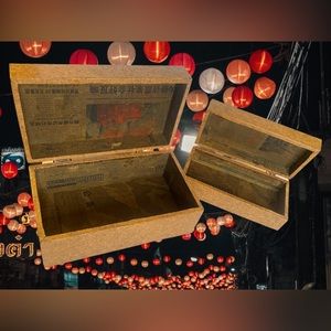 VINTAGE WOODEN NESTING TRINKET BOXES (2), FAUX CORK OUTSIDE, ASIAN DESIGN INSIDE